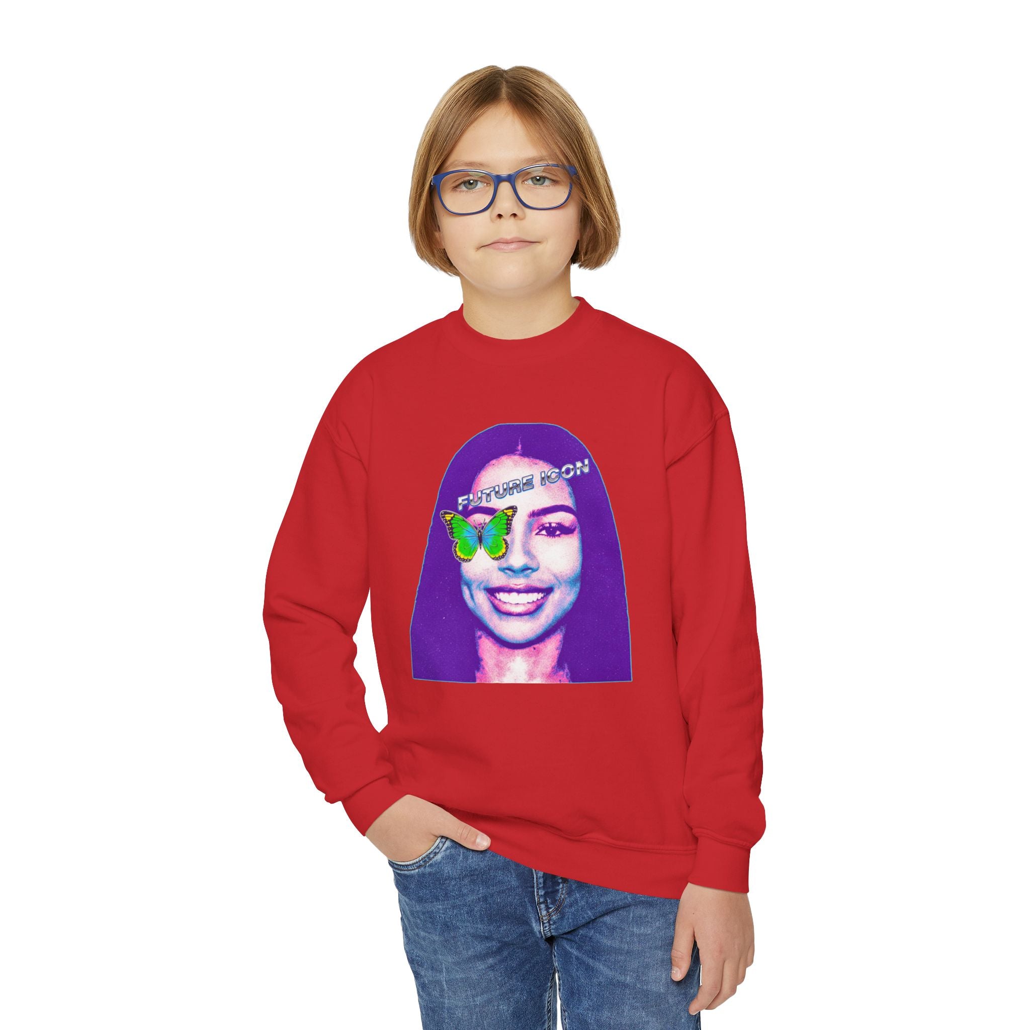 Youth Crewneck Sweatshirt — Retro Portrait Graphic with Butterfly Accent - Pixie Sleeze