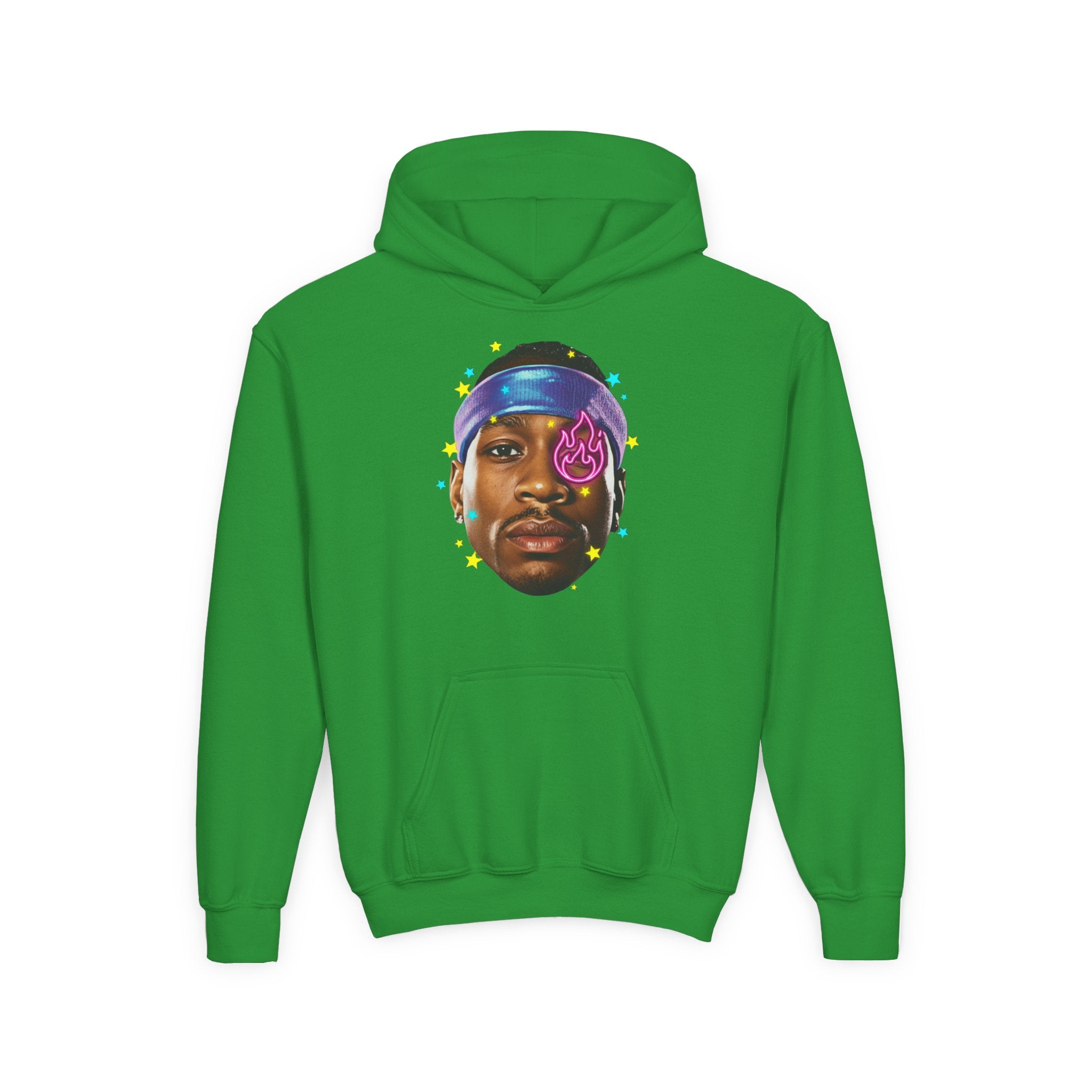 Youth Hoodie — Colorful Portrait Face Graphic with Neon Flame Accent - Pixie Sleeze