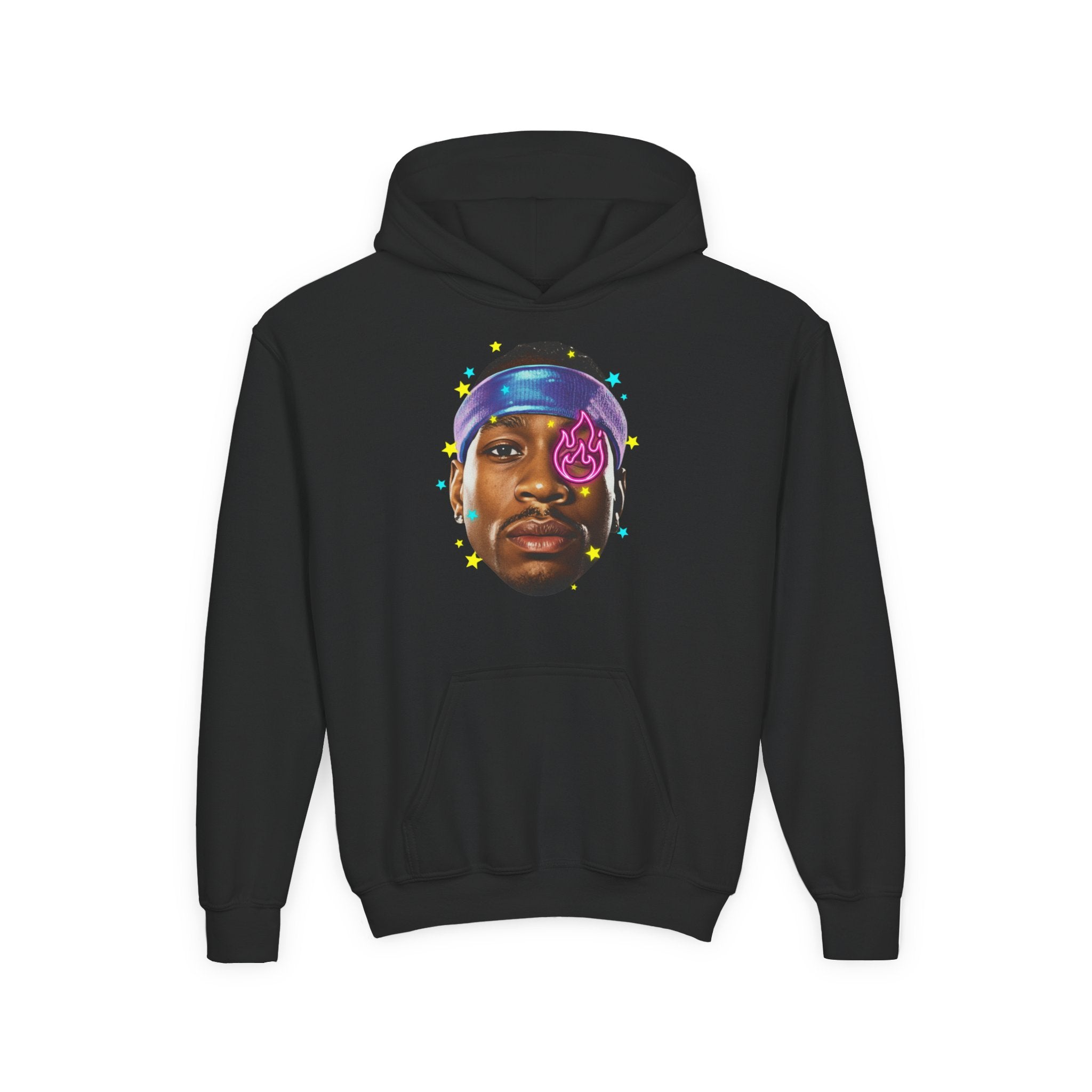 Youth Hoodie — Colorful Portrait Face Graphic with Neon Flame Accent - Pixie Sleeze
