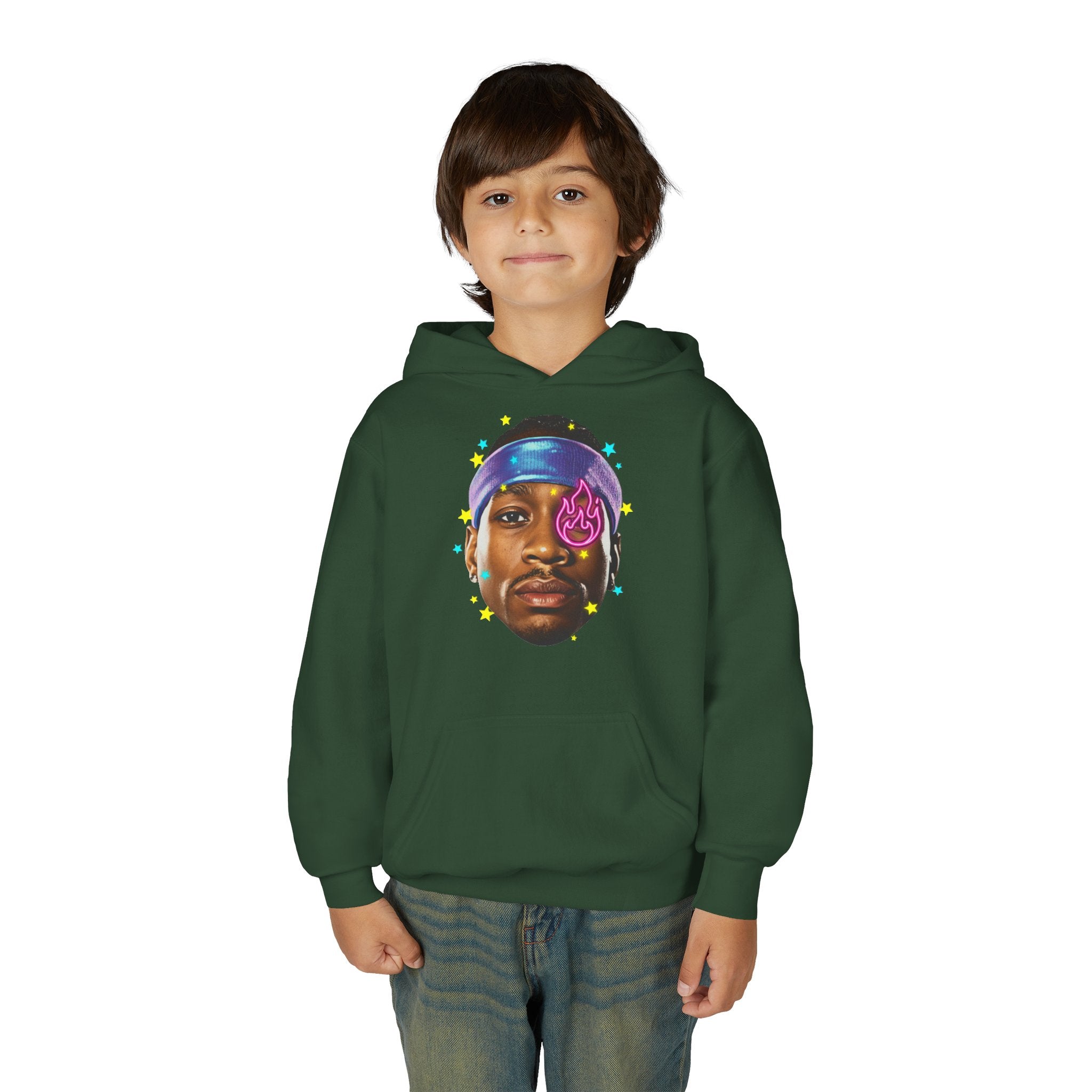 Youth Hoodie — Colorful Portrait Face Graphic with Neon Flame Accent - Pixie Sleeze
