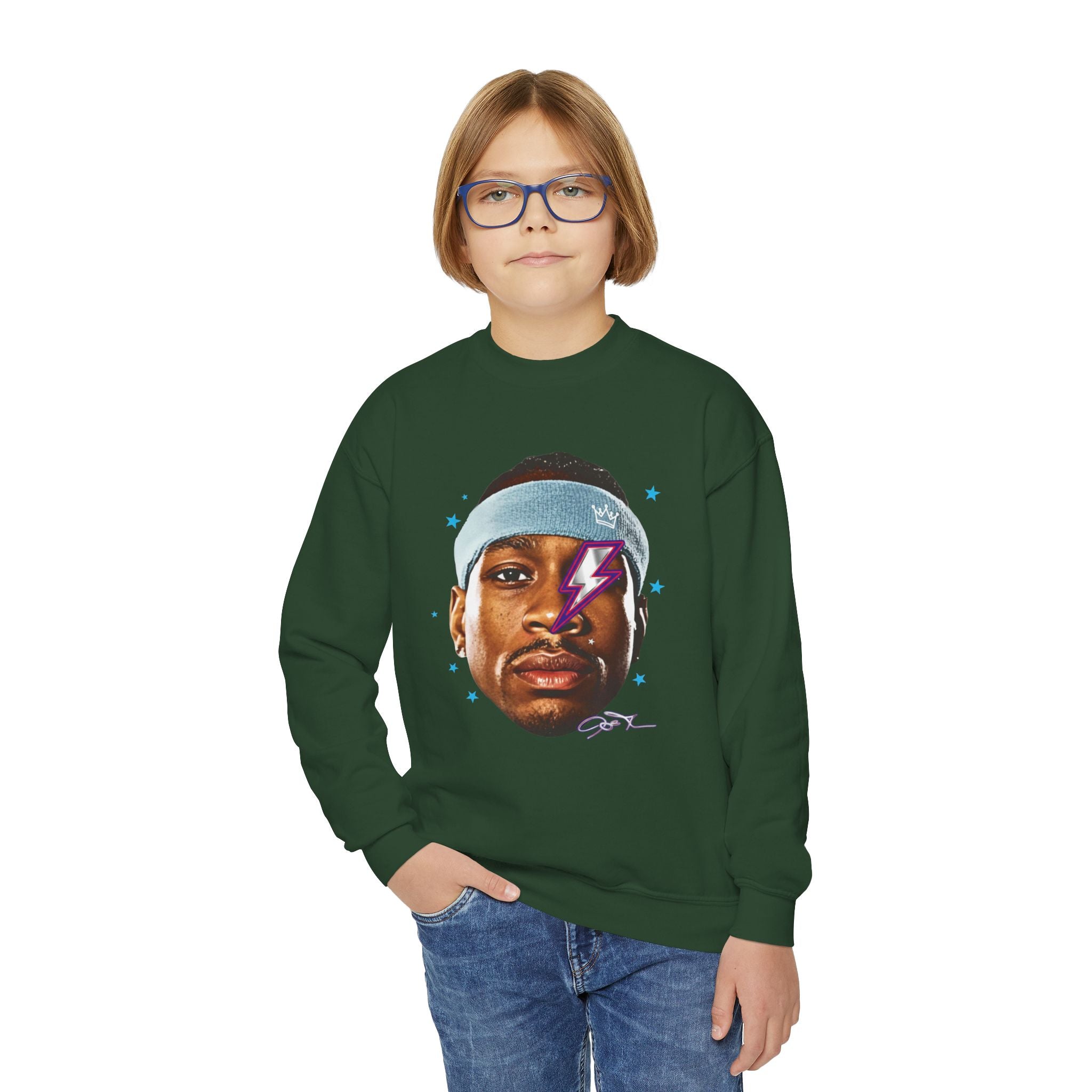 Youth Sweatshirt — Retro Lightning Face Graphic Crewneck - Pixie Sleeze