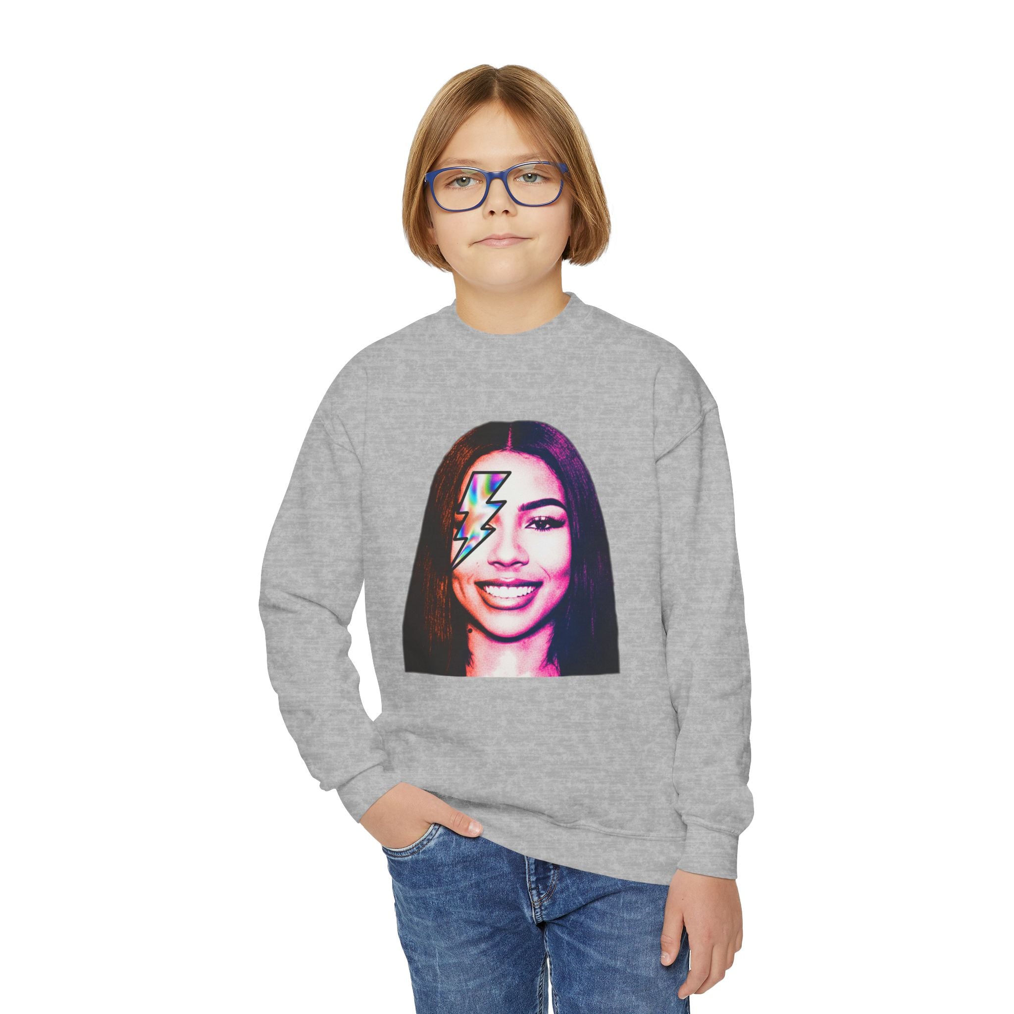 Retro Lightning Face Youth Crewneck Sweatshirt - Pixie Sleeze