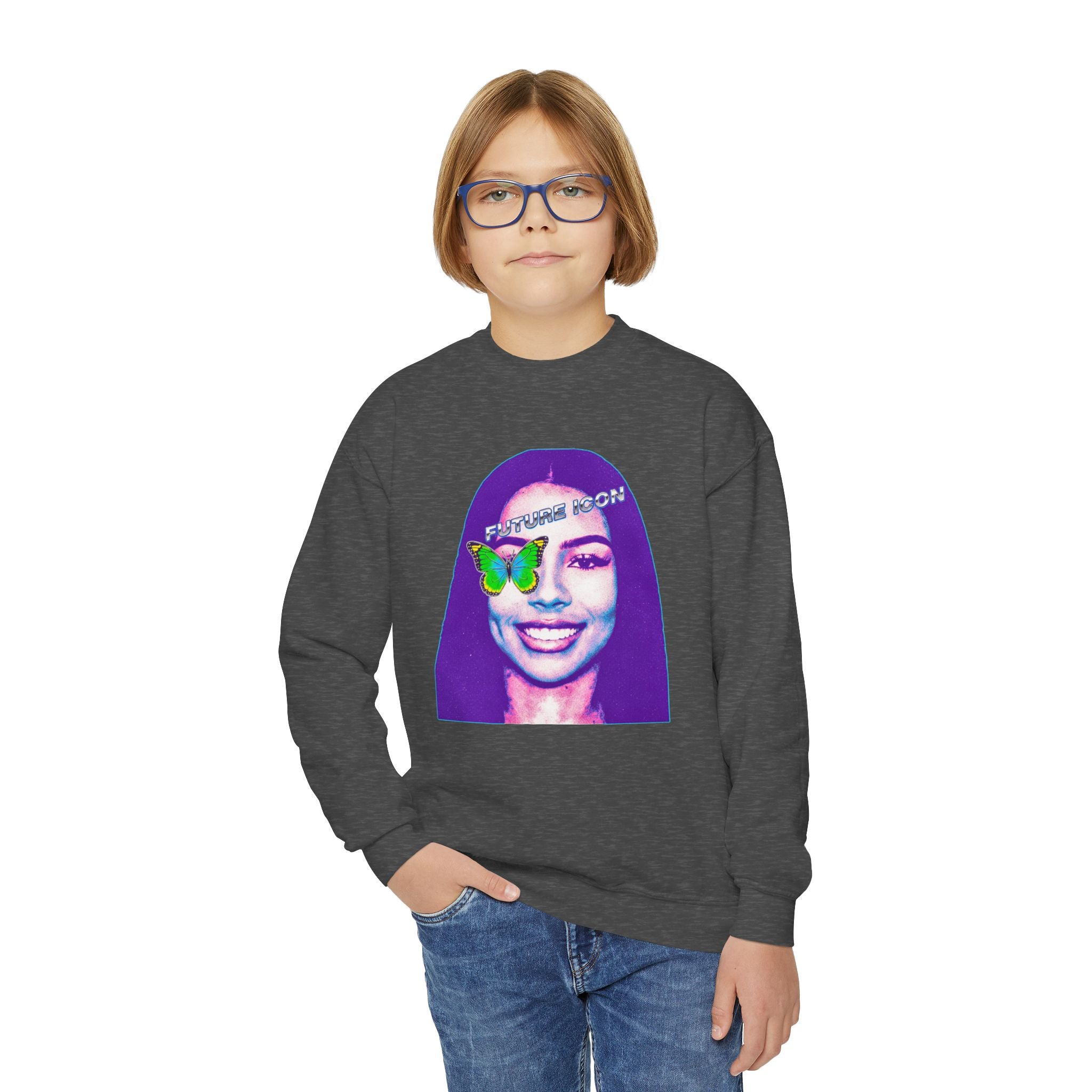 Youth Crewneck Sweatshirt — Retro Portrait Graphic with Butterfly Accent - Pixie Sleeze