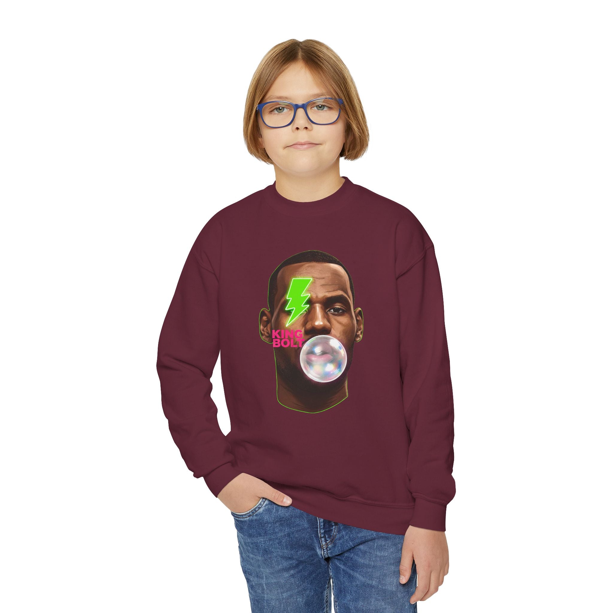 Graphic Crewneck Sweatshirt — Neon Lightning Bubble Gum Face Design - Pixie Sleeze
