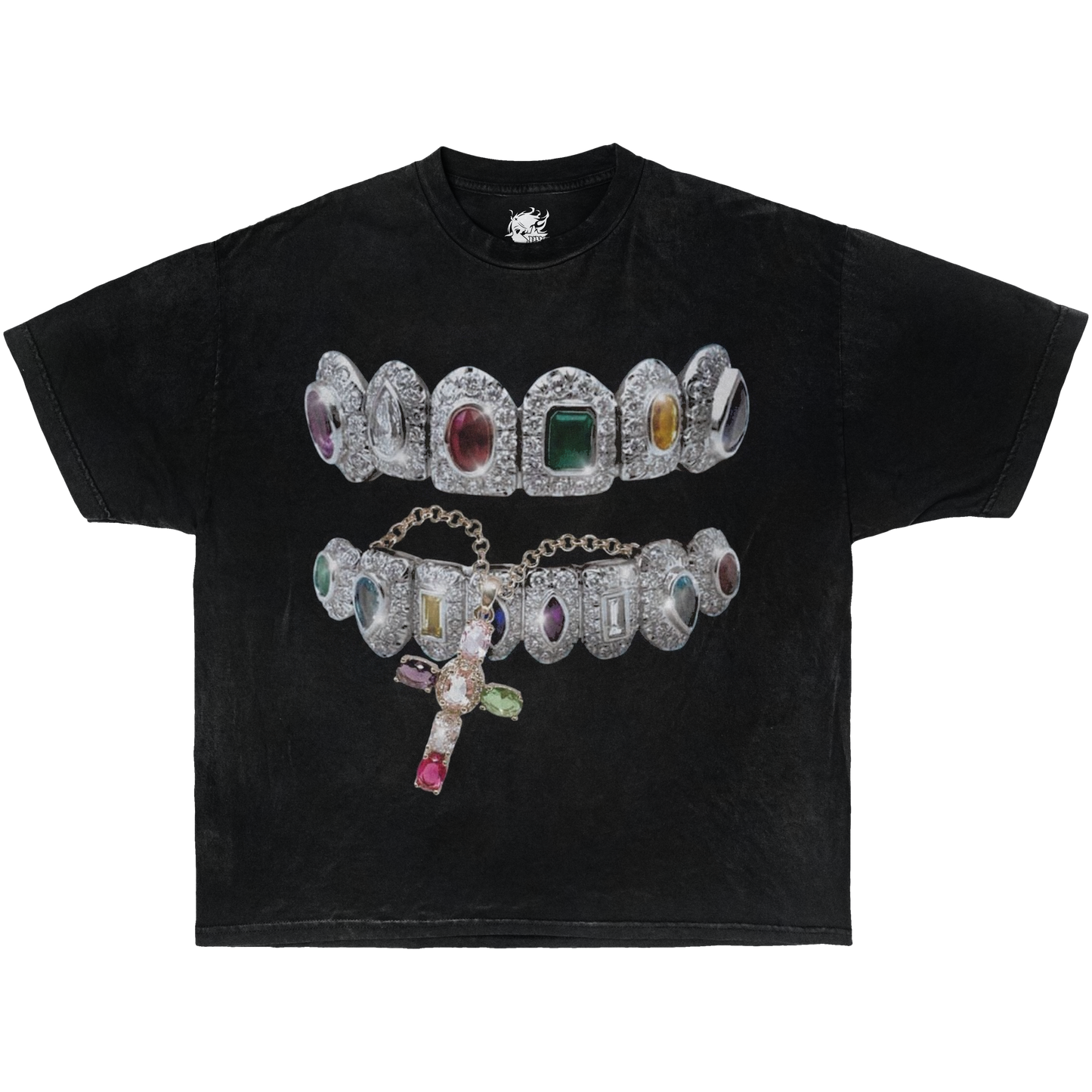 GRILLZ CROSS CHAIN TEETH GARMENT-DYED BOXY SHIRT