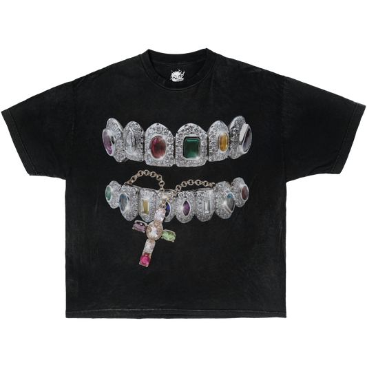 GRILLZ CROSS CHAIN TEETH GARMENT-DYED BOXY SHIRT