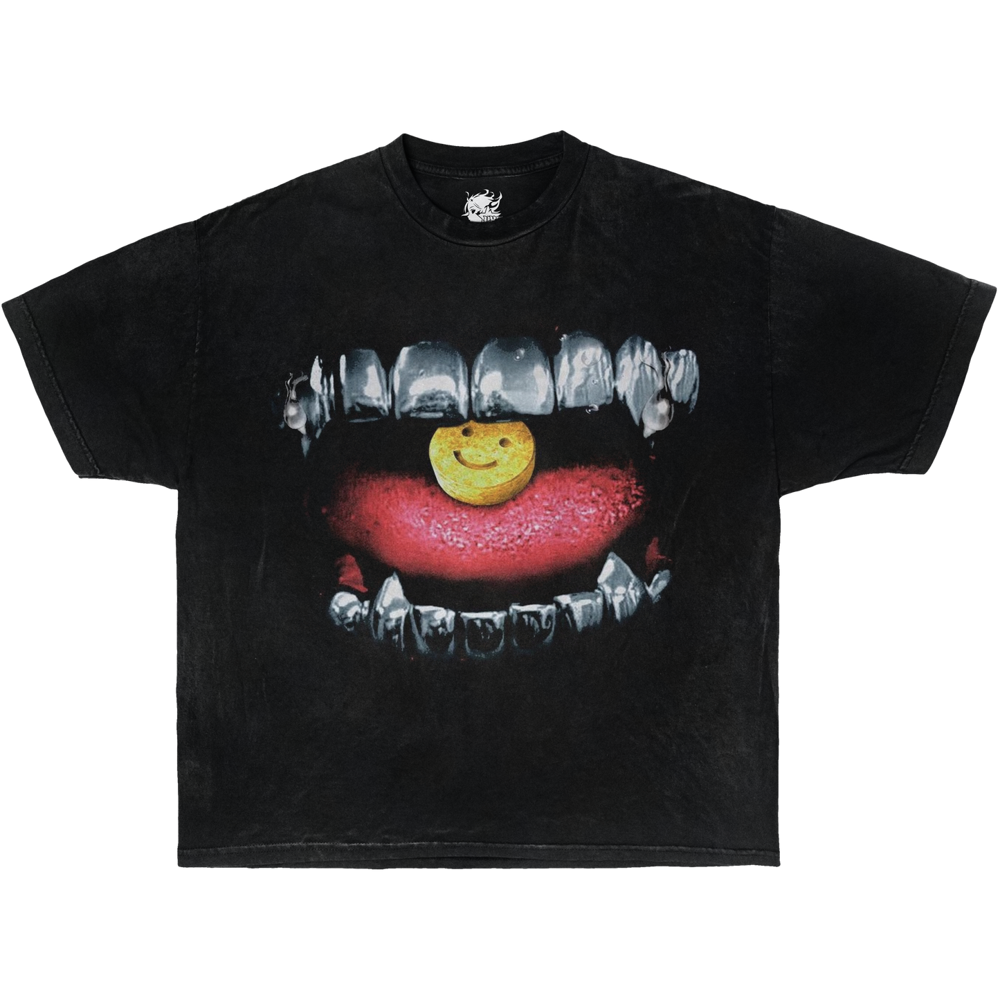 GRILLZ SMILE PILL MOUTH GARMENT-DYED BOXY SHIRT